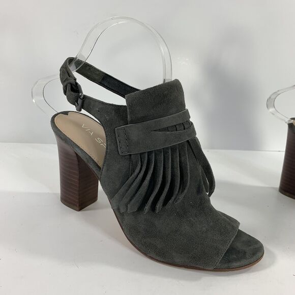 Via Spiga Bootie Peep Toe Sz 7 Heels Gray Leather Fringe Southwestern Country - Picture 15 of 16